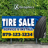 Tire Sale Install Service Rims Wheels Car Trucks SUV Banner Advertising Sales Special Custom Banner X Graphics Printing Plugs Repair Patch Alignment